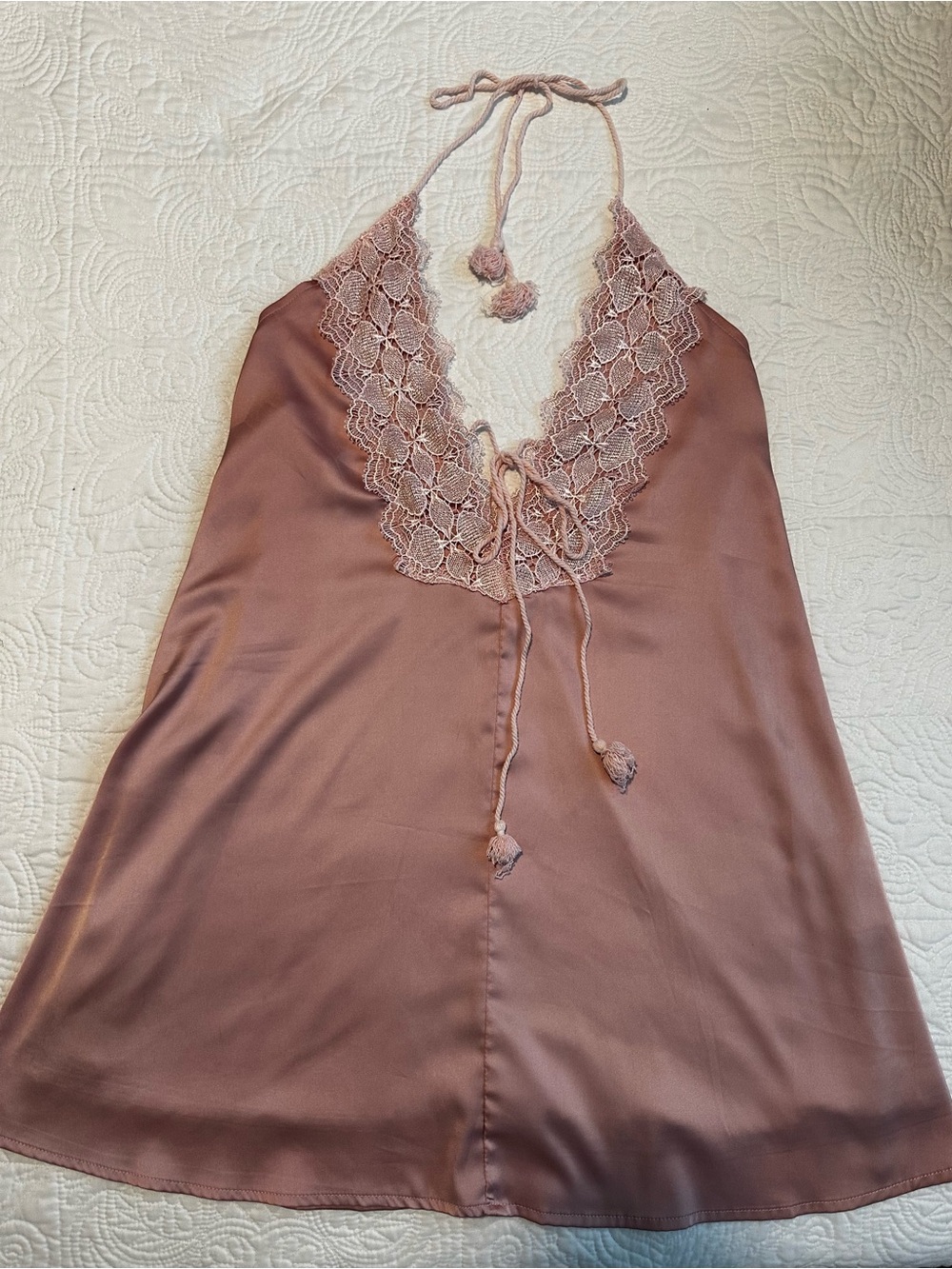 Silky Mauve Halter Lace Trim Chemise - Women's Intimates Sz M